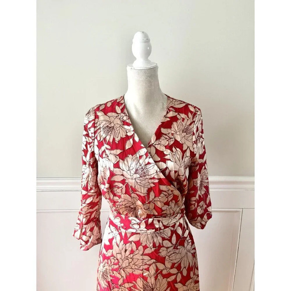 Hobbs London Justina Red & Gold Wrap Midi Dress 8 - Picture 4 of 9